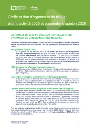bilan d'activité 2025 et baromètre d'opinion 2026 de la greffe et du don d’organes